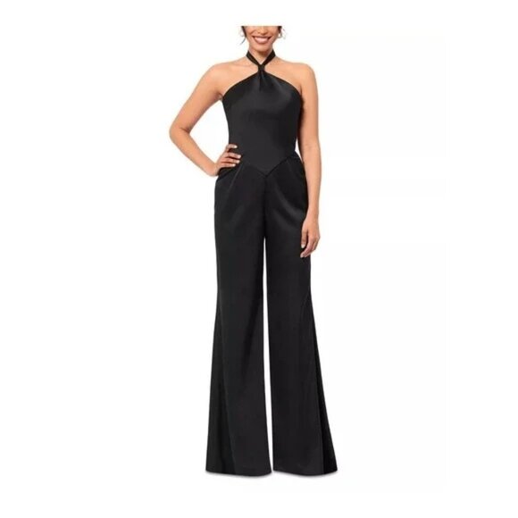 268$ AQUA Halter Neck Wide Leg Satin One Piece Jumpsuit Women's Size 6 Black - Picture 1 of 2
